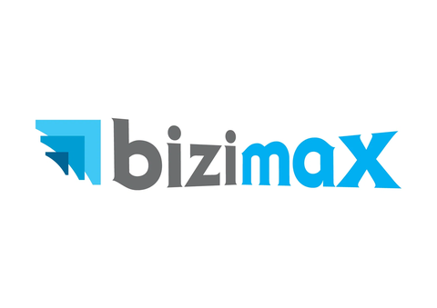 Logotip Bizimax z modrim geometrijskim znakom