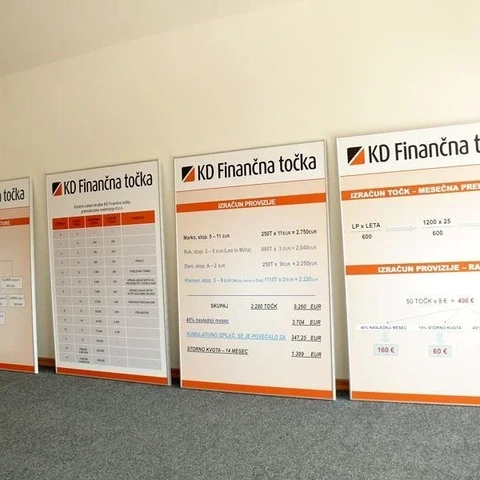 Oranžno-bele informativne tiskovine na steni
