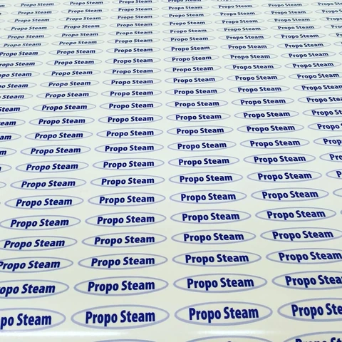 Bele nalepke z modrim napisom Propo Steam